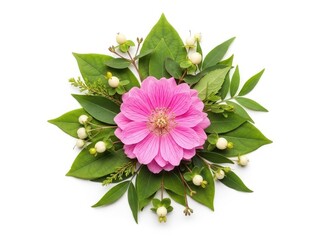 Closeup of a vibrant pink flower with green leaves and small white buds on a natural background