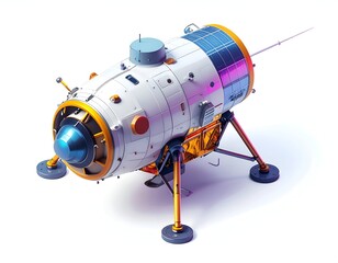 Futuristic spacecraft, white and gold, on a landing gear, isolated on white