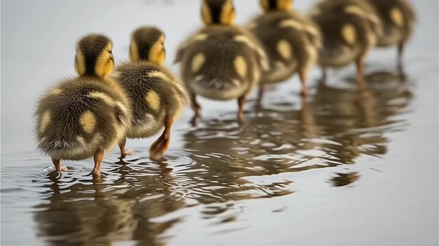 Row Of Ducklings Walking On Water With Reflections In A Quiet Pond