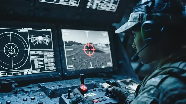 Military personnel operating drone controls in a high-tech command center with surveillance screens