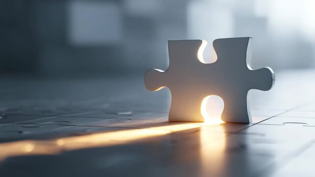 A single puzzle piece illuminated with a bright light, symbolizing a solution or idea
