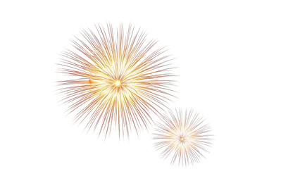 Two bright fireworks exploding in the night sky with vibrant colors and intricate patterns isolated on transparent background
