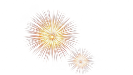 Two bright fireworks exploding in the night sky with vibrant colors and intricate patterns isolated on transparent background