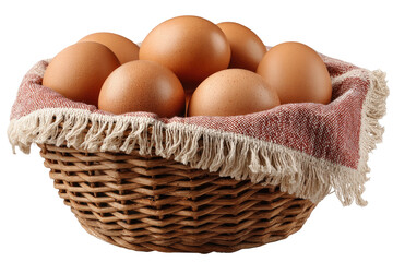 Basket of brown eggs nestled in a fringed, red-toned cloth