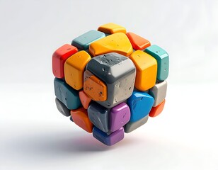 A colorful cube crafted from irregular, textured, interlocking blocks