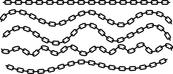 Multiple black chain link patterns forming straight and wavy lines on a clean white background