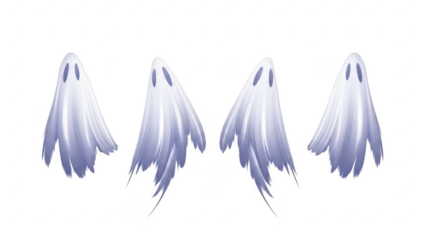 Four watercolor flower petals painted in soft shades of purple and white, isolated on transparent background for artistic design