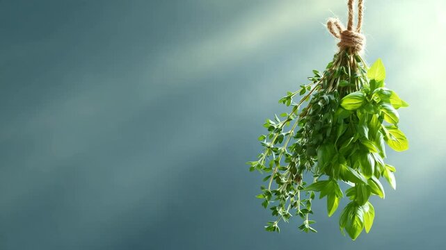 Fresh herbs hanging with natural light in the background. Close up shot of aromatic herbs.