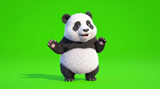 An adorable, round cartoon panda with distinctive black and white fur stands playfully on a vivid green screen.
