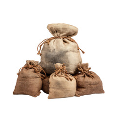 Stack of burlap sacks, tied with string on a black background