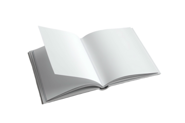 Open book laying flat, empty white pages, one page turned up slightly
