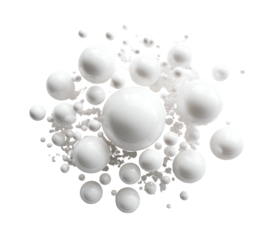 Collection of glossy white spheres varying in size on stark black background