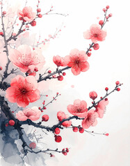 静かな早春に咲く梅の花,水墨・水彩調,和風アート背景,　AI生成画像