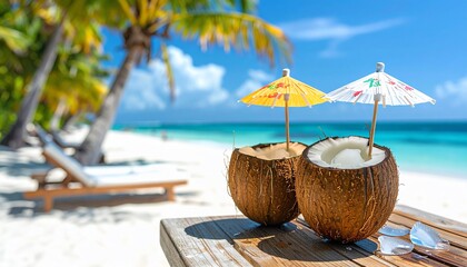 Two coconut cocktails with umbrellas on a wooden table, overlooking a tropical beach
