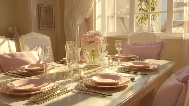 Elegant dining table set with pastel color scheme, sunlight entering through the window