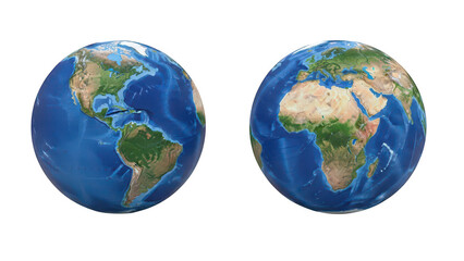 Two realistic globe images showing continents and oceans on a transparent background for geography and world map