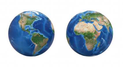 Two realistic globe images showing continents and oceans on a transparent background for geography and world map