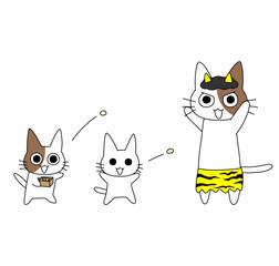 節分の豆まきで鬼ごっこをする猫のイラスト 虎のパンツを履いた赤鬼役と豆を投げる猫たち