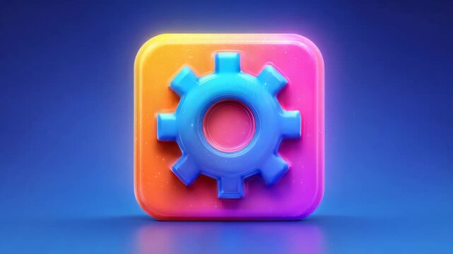 Settings icon in gradient colors on a blue background. The cogwheel is centered inside a square box and stands out with a unique design