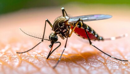 Close-up of a mosquito feeding on skin, showcasing detailed anatomy and blood intake