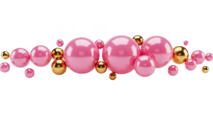 Decorative pink and gold beads arranged in a string on a transparent background for festive or jewelry design