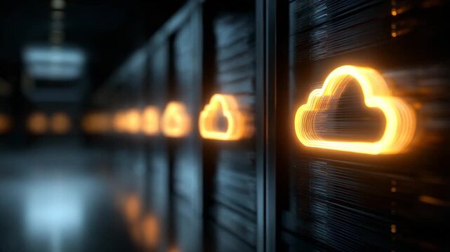 Cloud computing data servers with cloud logo shining in rows, focused shot 
