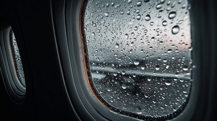 The window of an airplane is covered in raindrops