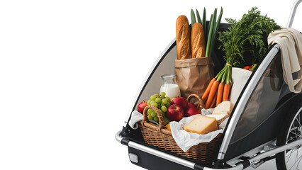 Bike trailer with groceries full of fresh produce and bread  