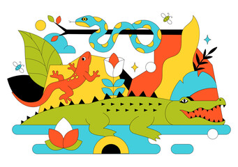 Obraz premium Reptile Vector Illustration Featuring Detailed Scales And Natural Wildlife Design With Various Species Of Reptilian Animals In Flat Background