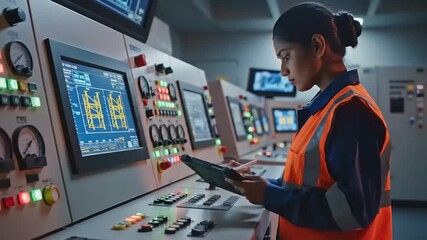 Woman in safety vest operating control panel in a modern industrial facility with screens displaying data - Powered by Adobe