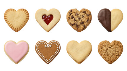 Fototapeta premium Heart cookie set including shortbread, jam, chocolate chip, dipped, frosted, and oatmeal variants isolated. Valentine's Day and holiday dessert collection.