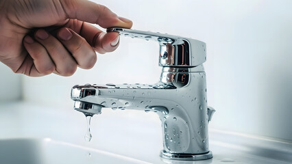 Hand turning off dripping faucet in modern bathroom with chrome finish  