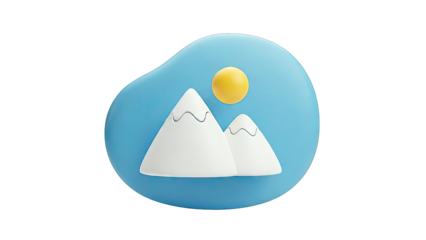 Stylized 3D icon of mountains and sun