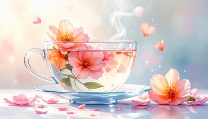 A glass teacup brimming with floral tea, steam rising, accented by floating hearts