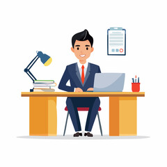 Man Working on Laptop at Desk with Office Supplies and Documents