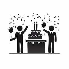 Two men celebrating a birthday with a large cake and balloons