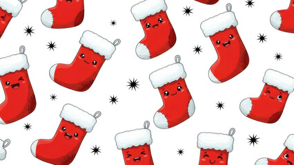 Festive christmas stockings with smiling faces and white fluffy cuffs scattered on a transparent background for holiday decoration