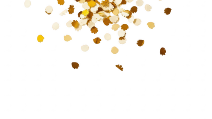 Golden confetti falling from above on a transparent background for celebration and party decoration