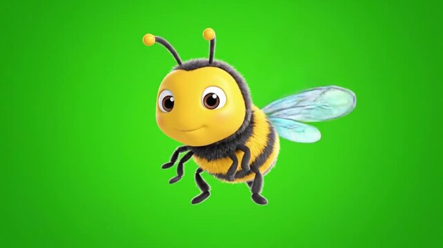 A cute and friendly cartoon bumblebee character is cheerfully standing with slightly different posture on a vibrant green screen background.