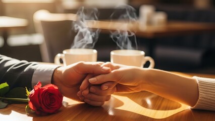 A couple holding hands across a table with steaming coffee cups and a red rose, symbolizing romance and connection in a warm setting.