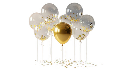Gold and silver balloons with confetti on transparent background for celebration or party decoration