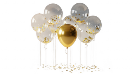 Gold and silver balloons with confetti on transparent background for celebration or party decoration
