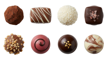 Assorted chocolate truffle set including dark, milk, white, and pink pralines with various toppings isolated. Gourmet confectionery and sweet dessert collection.
