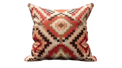 Rustic southwestern geometric patterned throw pillow featuring vibrant earthy tones perfect for adding bohemian style to any space on transparent background