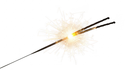 Closeup of sparkler firework emitting bright sparks and glowing light on a transparent background