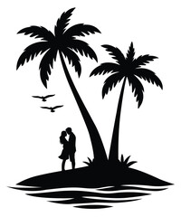 Romantic Couple Silhouette on Tropical Island with Palm Trees for Valentine’s Day. © Md