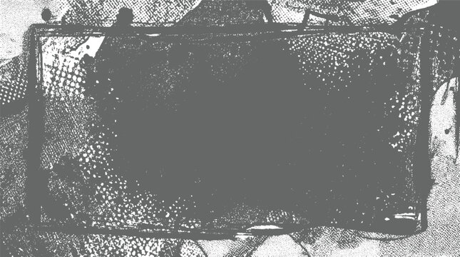 Distressed grunge frame with halftone dots and paint splatters creating a textured abstract background for
