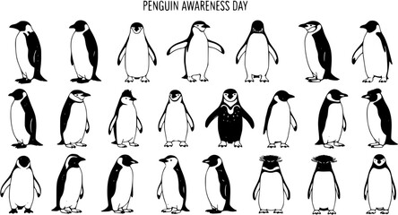 Black and White Hand-Drawn Penguin Illustrations Collection. Diverse wildlife line art set for nature education, animal awareness, and conservation designs. Cute arctic bird vector art. © arulumia