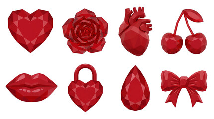 Fototapeta premium Red ruby gemstone set including heart, rose, anatomical heart, cherry, lips, lock, drop, and bow shapes isolated. Luxury jewelry and romantic symbol collection.