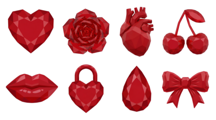Red ruby gemstone set including heart, rose, anatomical heart, cherry, lips, lock, drop, and bow shapes isolated. Luxury jewelry and romantic symbol collection.
